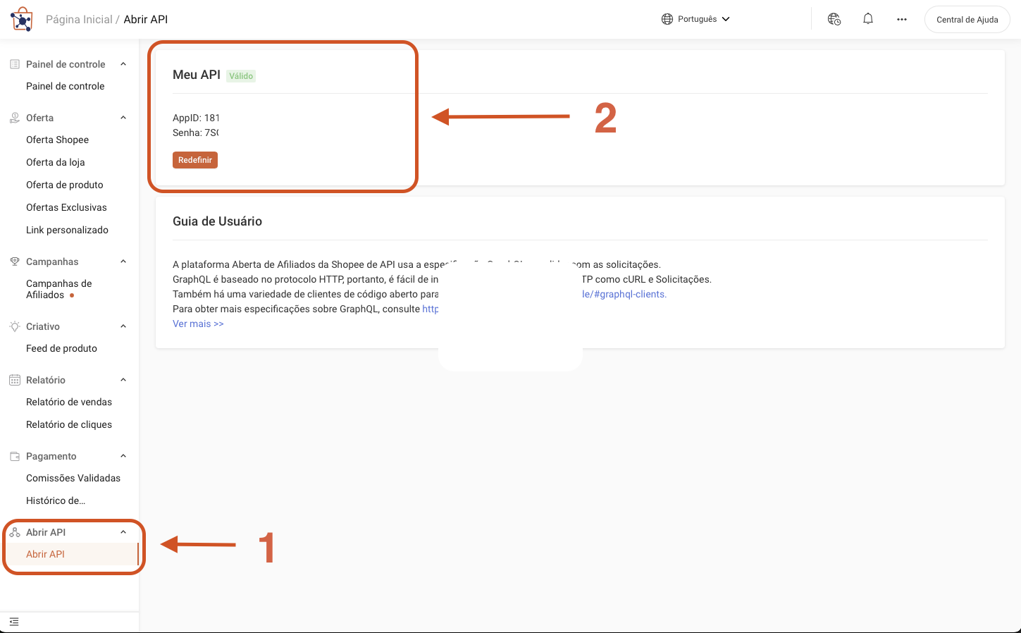 Menu lateral do painel de afiliados da Shopee com a opção Open API destacada